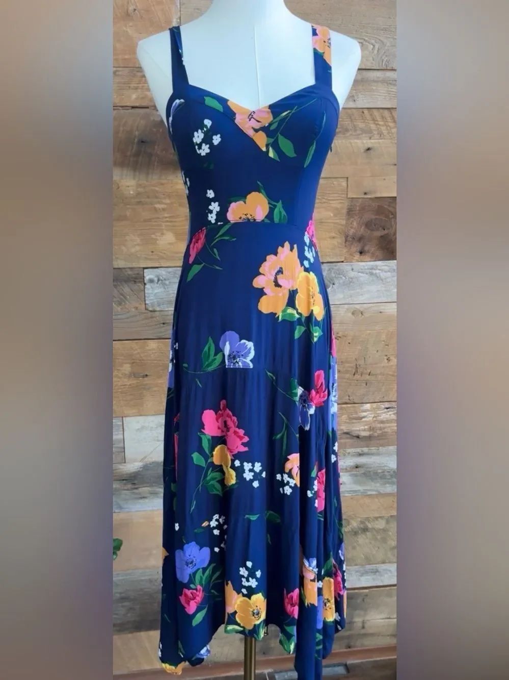 Maeve Anthropologie Vivienne Navy Blue Floral Sweetheart Midi Dress Size 0